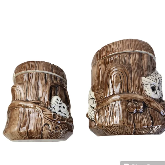 Vintage 1980 Owl Canister Set 2pc Double Sided With Acorn Pull Lids - Picture 4 of 11